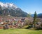 Beautiful spring landscape spa town mittenwald and karwendel mountains with snow, upper bavaria