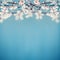 Beautiful spring nature background with white cherry blossom on turquoise blue