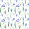 Beautiful spring seamless pattern with blue crocuses. Purple flowers of saffron