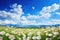 Beautiful spring summer meadow. Natural panoramic landscape with wild flowers of daisies against blue sky