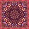 Beautiful square shawl in folkloric russian style. Bouquets of flowers and fairy birds on dark brown background. Paisley border.