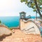 Beautiful stairs with ceramic tiles with sea view