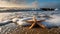 Beautiful starfish on the sand at the beach, foamy sea water