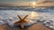 Beautiful starfish on the sand at the beach, foamy sea water