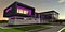 Beautiful starry night above the modern house illuminated in white and purple. Two hours before dawn. 3d rendering