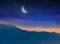 Beautiful starry sky big moon Foggy mountains on sunset orange  evening starry blue night sky big bright moon  Olympus mount Panor