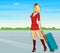 Beautiful stewardess with suitcase.