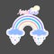 Beautiful sticker with cute rainbow, clouds, magic rain and lettering rainbow isolated on the grey. Vector illustration