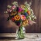 Beautiful still life of field flowers in a vintage glass jar on a wooden table in a rustic wooden interior. Illustration of
