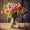 Beautiful still life of field flowers in a vintage glass jar on a wooden table in a rustic wooden interior. Illustration of