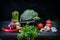 Beautiful still life with low key. Unusual light from the window on raw and fresh vegetables lying in a pile on the shelf