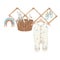 Beautiful stock baby illustration with very cute hand drawn watercolor boys wardrobe rompers and basket of toys.