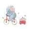 Beautiful stock illustration with cute watercolor baby elephant on bike. Animal with bicycle hand drawn painting.