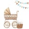 Beautiful stock illustration with very cute hand drawn watercolor boys baby carriage and basket of toys.