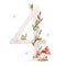 Beautiful stock illustration with watercolor hand drawn number 4 and cute mushrooms for baby clip art. Four month, years