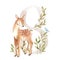 Beautiful stock illustration with watercolor hand drawn number 8 and cute fawn animal for baby clip art. Eight month
