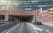 Beautiful Stockholm cityscape view. Entrance to tunnel under colorful construction.