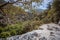 Beautiful stoned hike path and overlook at Santa Anita Canyon, Angeles National Forest, San Gabriel Mountain Range near