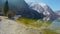 Beautiful stony lakeside in Austrian Alps, mountain lake, low season at resort
