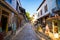 Beautiful street in the Kas old town with boutique shops at sunset.