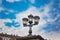 Beautiful street lamp with a cloudy Budapest day in the background. Location Liberty Bridge in Budapest over Danube