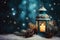Beautiful street lantern with a candle with pine cones on a blue background, New Year theme,