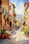 Beautiful street in the old town. Summer cityscape, Tuscany, Italy. Vertical watercolor painting, printable artwork