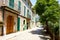 Beautiful street in Valldemossa with traditional flower decoration, famous old mediterranean village of Majorca