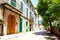 Beautiful street in Valldemossa with traditional flower decoration, famous old mediterranean village of Majorca