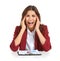 Beautiful stressed businesswoman with clipboard on white background