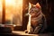 Beautiful striped cat sitting by a bowl of dry kibble pet food at home