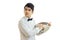 Beautiful strong young waiter looks away and rub hand food tray