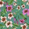 Beautiful strophanthus flowers on climbing twigs on jade background. Seamless floral pattern. Watercolor painting. Hand painted