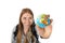 Beautiful student girl holding little world globe in her hand choosing holidays destination in travel tourism concept