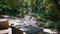 Beautiful student studying nature sitting table. Girl looking at notebook notes