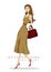 Beautiful stylish drawing woman with bag. Detailed fashion look.