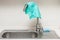 Beautiful stylish kitchen sink for washing dishes. The turquoise rag is dried on the mixer