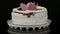 Beautiful stylish sweet fresh white cake with cherry jam decorated on top with cream and coconut chips rotates on a