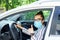 Beautiful successful smiling rich business woman in medical protective mask sitting in gray car, wearing glasses showing