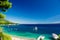 Beautiful Summer Adriatic Sea coastline view with pine tree yachts and boats, island Brac, Croatia