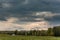 Beautiful summer and autumn landscape. Field and forest at sunset