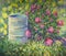 A beautiful summer bush of pions near the barrel in the grass. Original oil painting.