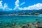 Beautiful summer cloud landscape of beach town of Himare. Adriatic sea. Albania. Concept of summer holidays and relaxation