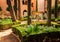 A beautiful summer day view of a sparkling fountain in the courtyard of Alhambra Moorish Palace, Granada, Spain