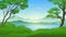 Beautiful Summer Fields Landscape with lake cartoon illustration