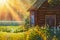 Beautiful summer flowers in front of a wooden village house illuminated by sunbeams acrylic painting, road to river illustration