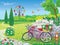 Beautiful summer garden with decorative Bicycle with basket of f