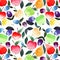 Beautiful summer juicy tasty pears apples plums orange green red violet and yellow colors with green leaves pattern watercolor