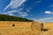 Beautiful summer landscape. Agricultural field. Round bundles of dry grass in the field with bleu sky and sun. Hay bale - haystack