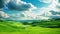 Beautiful summer landscape with green meadow and blue sky with clouds, Hilly green landscape view with green grass and beautiful